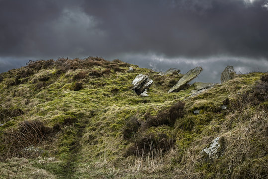 Dramatic Landscape Of The Moors In Yorkshire, England With Gloomy, Stormy Skies.