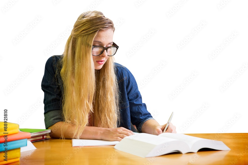 Poster composite image of student studying in the library