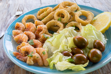 Dish of fried squid and shrimps, Mediterranean Cuisine