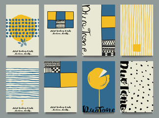 Artist Trading Cards - Blue and yellow artist trading cards, hand drawn with doodle elements, calligraphy and complementary or opposite colors, along with black and white