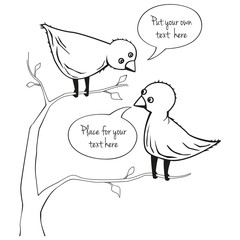 Two cute birds sitting on a tree talking to each other. Speech bubbles with room for your own text.
