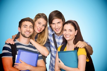 Composite image of students holding folders at college corridor