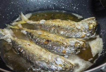 mackerel fried fish on an used pan