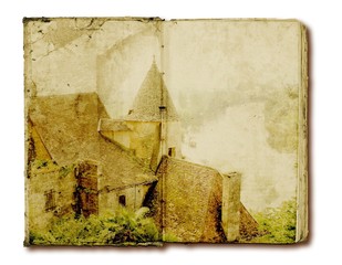 Old open book with rural illustration