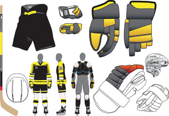 Player ammunition for playing hockey, protective gear in sports, red. Vector