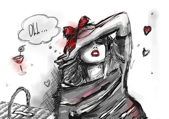 изнывающая от жары девушка закрывает рукой глаза от солнца