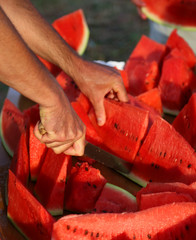 Cook cut thick slices of Ripe Red Watermelon on restaurant table