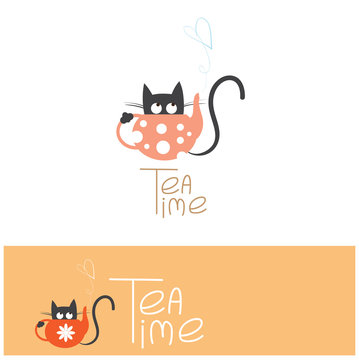 Vector logo with a cat and a teapot, tea time.