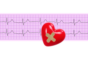 Textile heart over electrocardiogram graph on white background