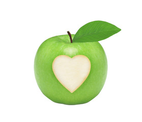 Fresh green apple with heart isolated on white