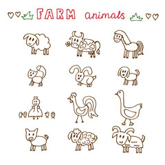 Set of hand drawn farm animals. Sheep, cow, horse, pig, goose, d