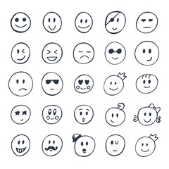 Set of hand drawn funny faces with different expressions. Smiley