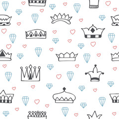 Vintage seamless pattern with hand drawn crowns, diamonds and he