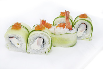 serving traditional Japanese sushi on white background