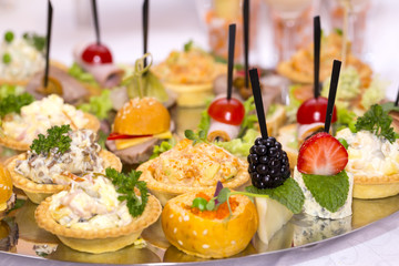 Canapes of cheese vegetables meat and seafood on white background