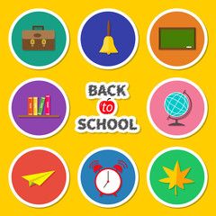 Back to school round icon set. Green board, bell, alarm clock, world globe, book shelf, paper plane, schoolbag, maple leaf. Yellow background Flat design