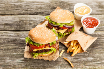 Delicious hamburger and fries