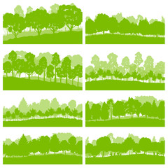 Forest trees and bushes wild nature silhouettes landscape illust