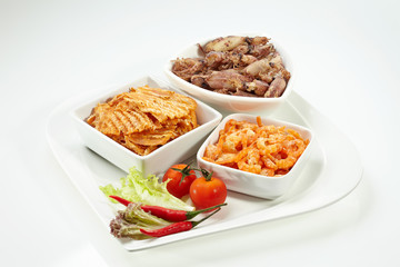 Mixed dry shrimp and squid set in white plate