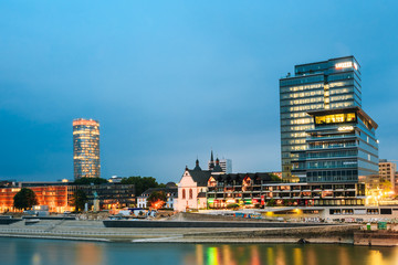 Embankment In Old Part Of Cologne At Summer Evening, River Rhine