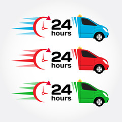 24 hours service emergency car. Car 24 hours. Blue, red, green emergency/urgent car. Shipping car. Delivery car. Vector set.