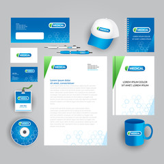 Blue corporate identity template with medical logo. Medical company stationery template.Technology company company identity.Vector company style for brandbook and guideline. Documentation for business