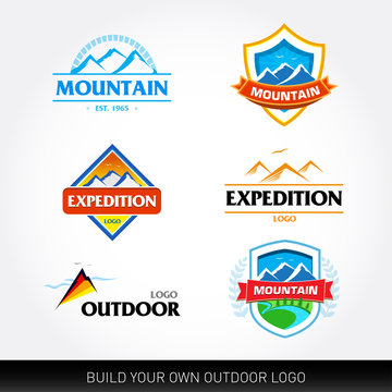 Mountain logo templates, tourism, expedition, adventure, outdoor badges, icons, t-shirt templates. Vector set.
