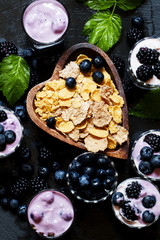 Healthy breakfast of whole grain cereal and berries blackberry a