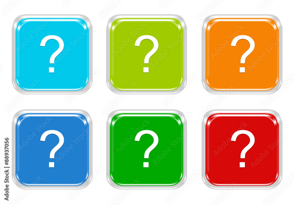 Poster set of squared colorful buttons with question mark symbol