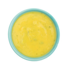 Cheese and broccoli soup in a small bowl