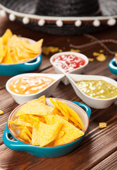 Plate of nachos with different dips