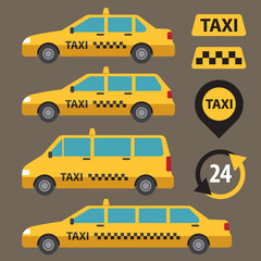 Vector set of different types of taxi cars and taxi signs.
