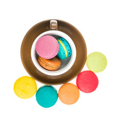 Colorful macarons on white background. Macaron is sweet meringue