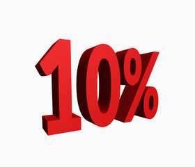 10% Red Color 3D Rendered Text for Discount Sale Promotions isolated on White Background