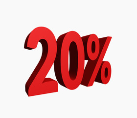 20% Red Color 3D Rendered Text for Discount Sale Promotions isolated on White Background