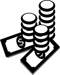 vector bunch of coins in black and white colors with a couple of dollars