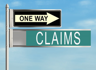 Claims. Road sign on the sky background. Raster illustration.