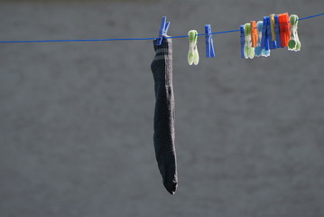 einzelne Socke auf der Wäscheleine mit bunten Klammern befestigt.