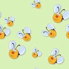 Happy bees seamless pattern on green background