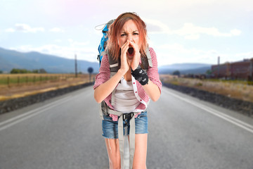 backpacker shouting over isolated white background