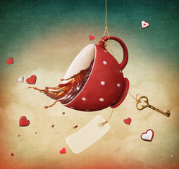 Illustration of fantasy with red cup of tea