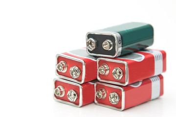 9 V batteries in perspective closeup view on white background