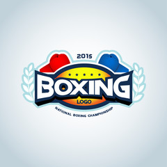 Boxing logo template. Two boxing gloves in red and blue colors. Boxing club logotype. Boxing emblem, label, badge, t-shirt design, boxing, fight theme.