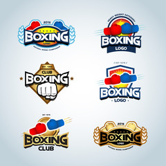 Boxing logo templates set. Red, blue and gold colors. Boxing club logotype. Boxing shield, emblem, label, badge, t-shirt design, boxing, fight theme. Vector illustrations.
