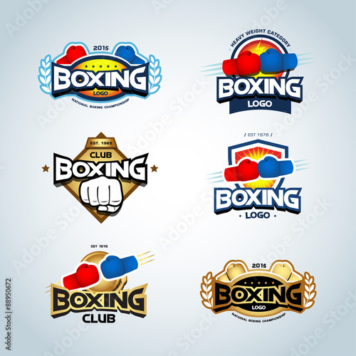 Boxing Logo Templates Set Red Blue And Gold Colors Club Boxing Logo Templates Set Red Blue And Gold Colors Club Logotype Shield Emblem Label Badge T Shirt Design Fight Theme