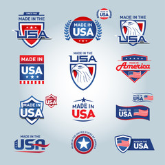 USA and made in USA icons. American made. Set of vector icons, stamps, seals, banners, labels, logos, badges. Vector illustration.