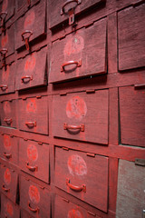 old red shoes cabinet 