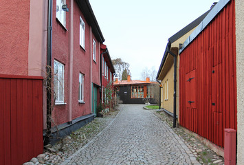 The view to the street of historical center in Vasteras city in Sweden