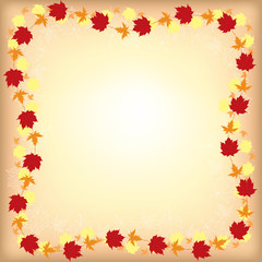 Greeting autumn border with maple leaves on beige background