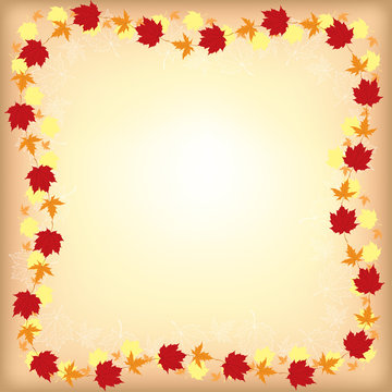 Greeting autumn border with maple leaves on beige background